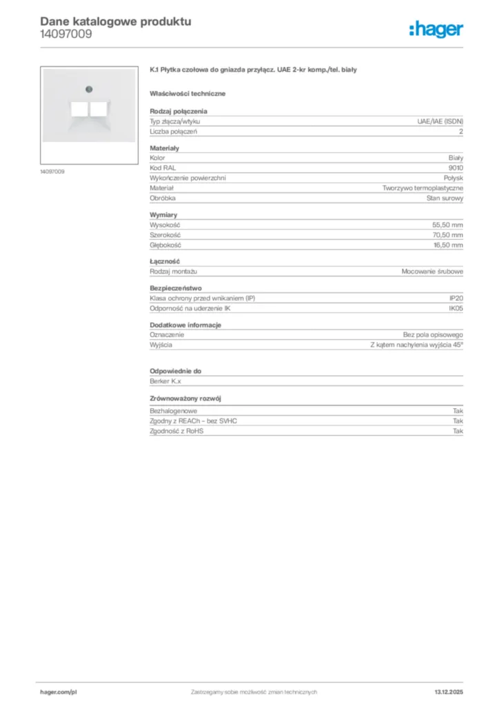 Zdjęcie Hager Karta katalogowa 14097009 | Hager Polska