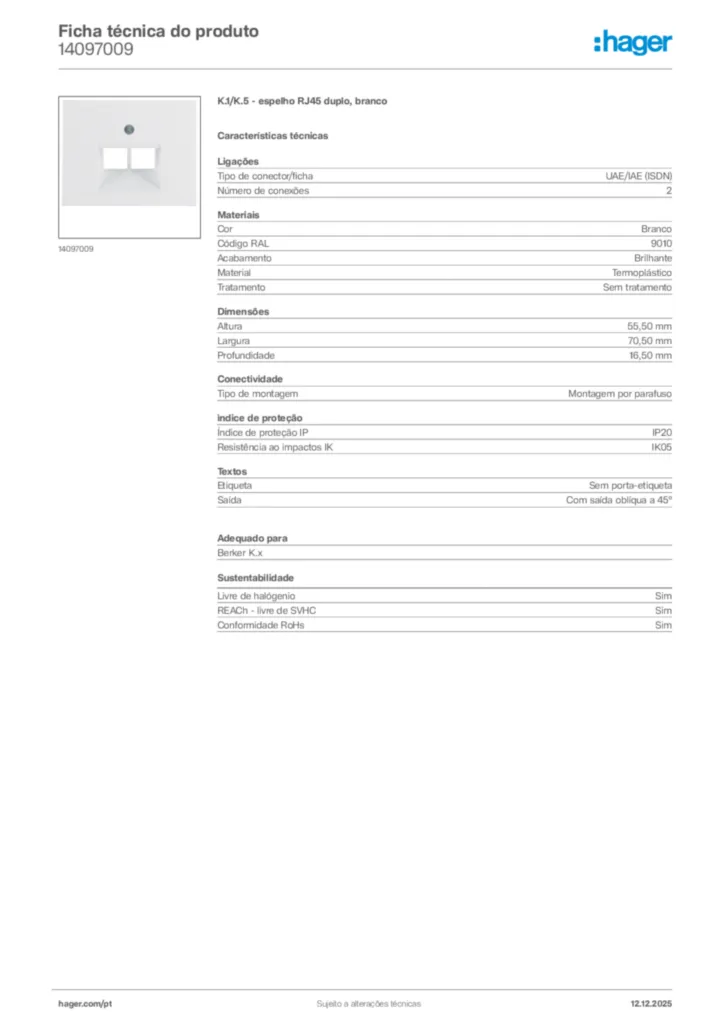 Imagem Hager Ficha técnica do produto 14097009 | Hager Portugal