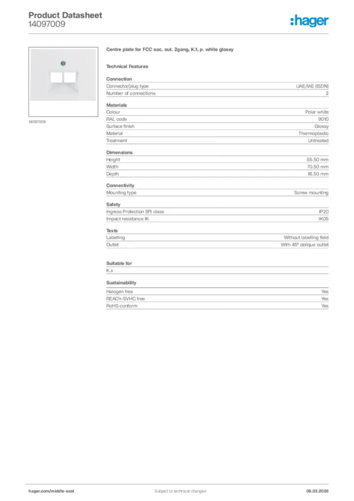 Image Hager Product data sheet 14097009  | Hager