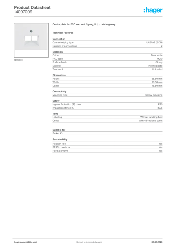 Image Hager Product data sheet 14097009  | Hager
