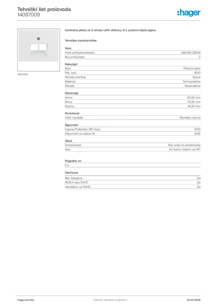 Slika Hager Tehnički list proizvoda 14097009  | Hager