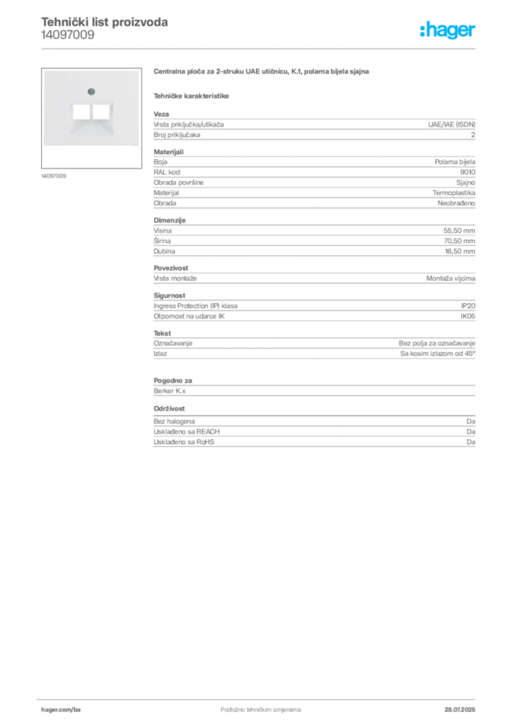 Slika Hager Product data sheet 14097009  | Hager