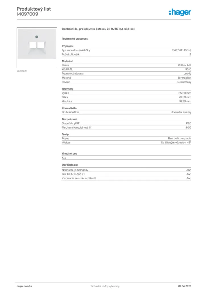 Obrázek Hager Product data sheet 14097009 | Hager