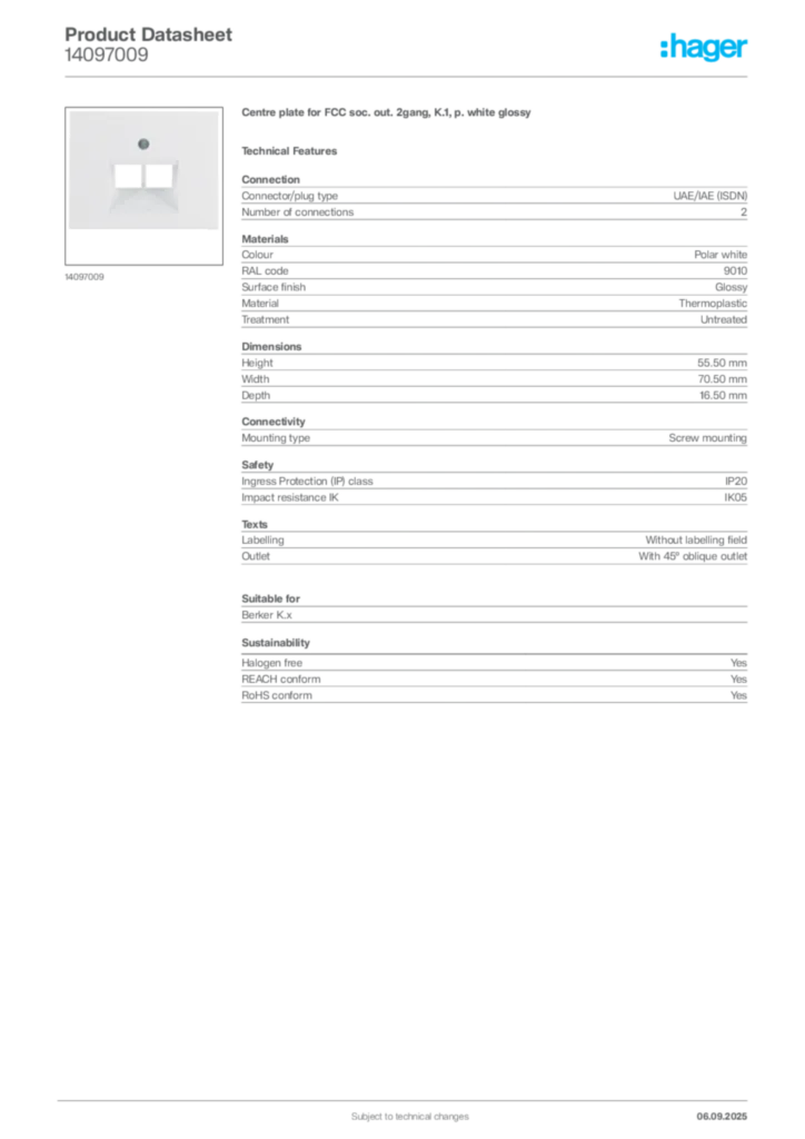 Image Hager Product data sheet 14097009  | Hager