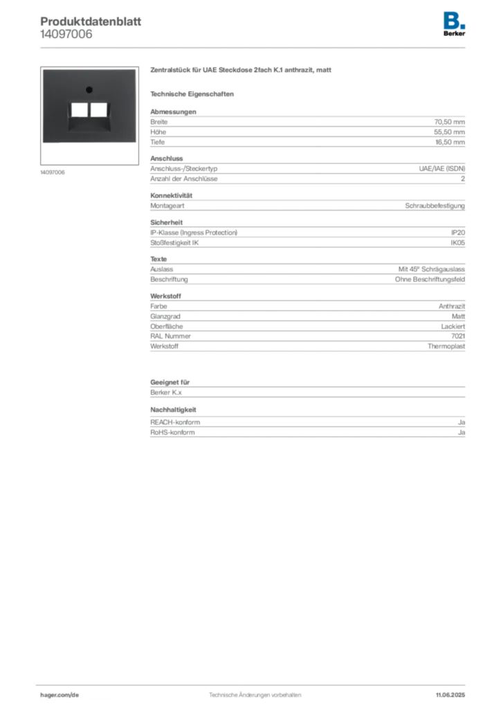 Bild Berker Produktdatenblatt 14097006 | Hager Deutschland