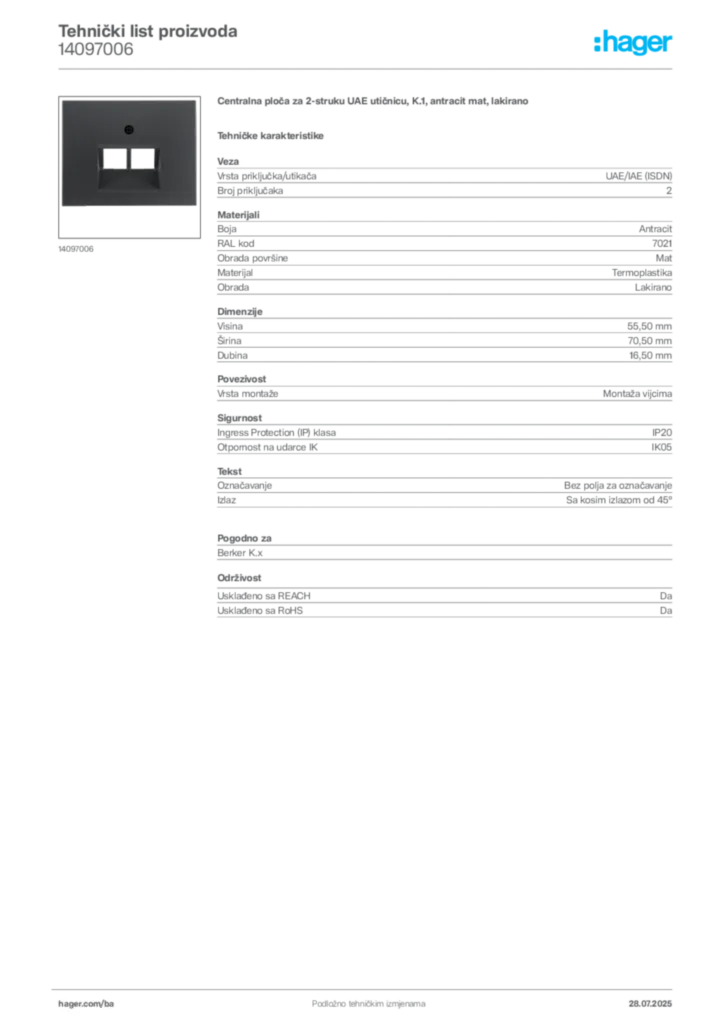 Slika Hager Product data sheet 14097006  | Hager