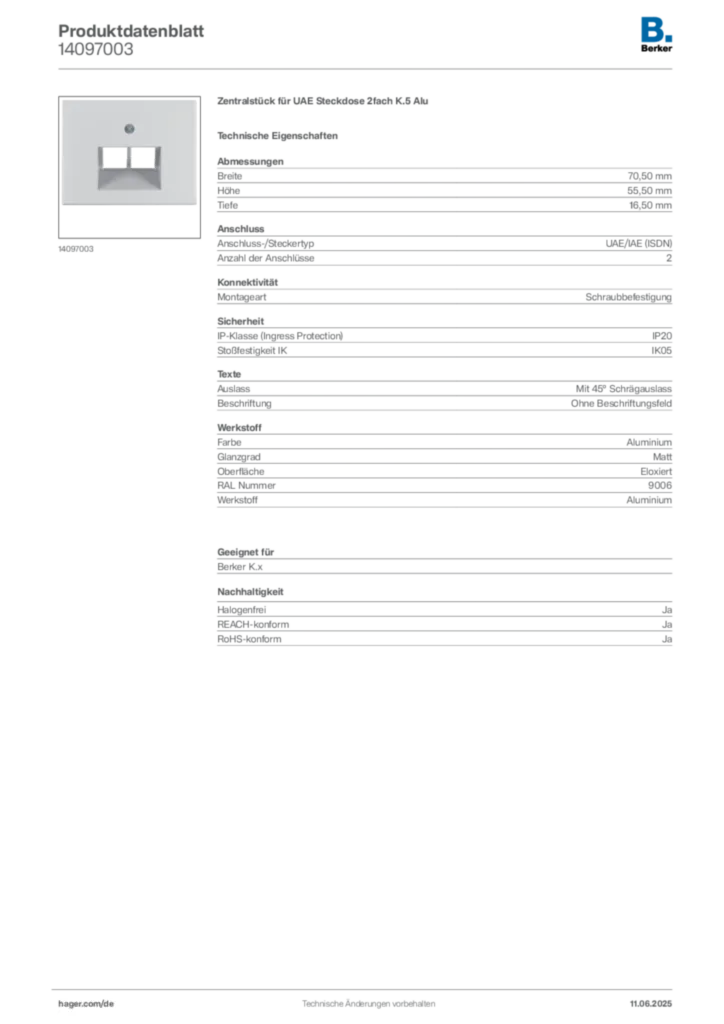 Bild Berker Produktdatenblatt 14097003 | Hager Deutschland