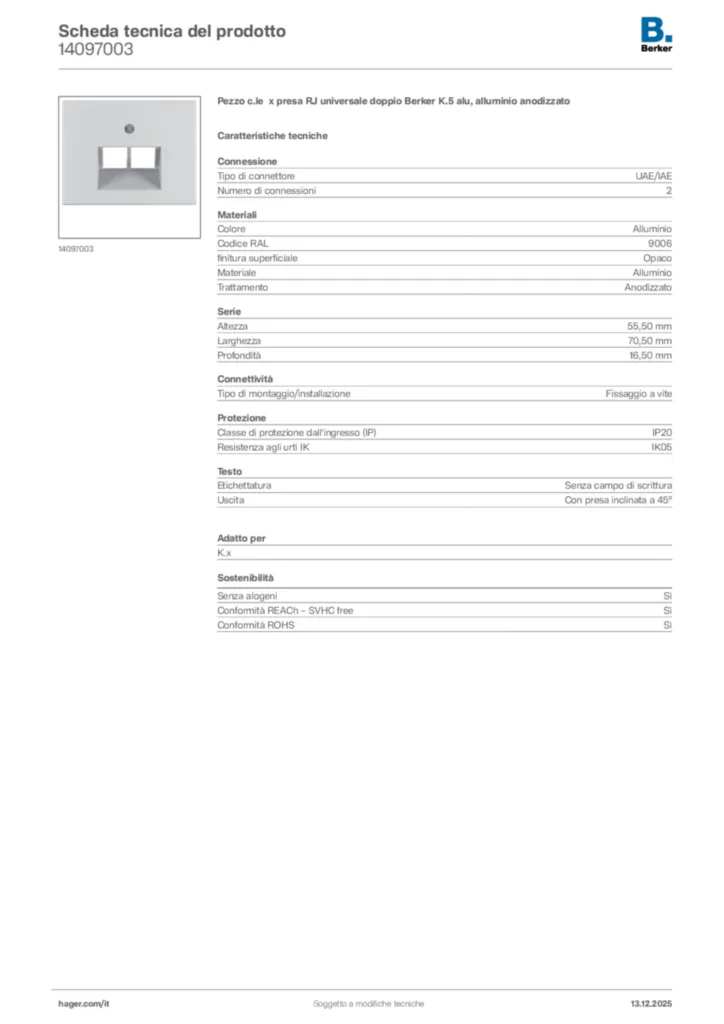 Immagine Berker Scheda tecnica del prodotto 14097003 | Hager Italia