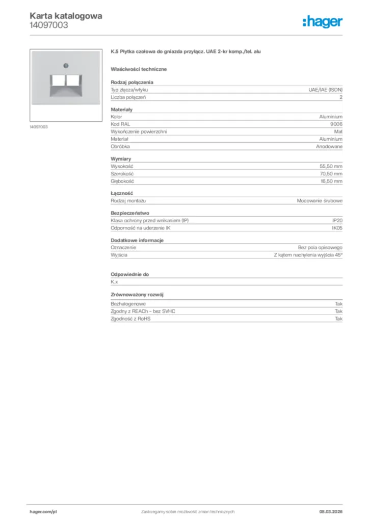 Zdjęcie Hager Karta katalogowa 14097003 | Hager Polska
