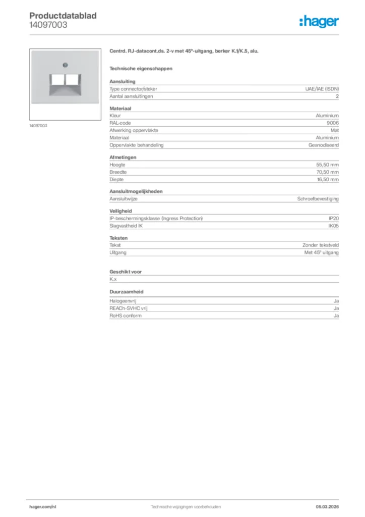 Afbeelding Hager Productdatablad 14097003 | Hager Nederland