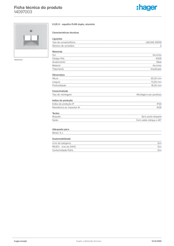 Imagem Hager Ficha técnica do produto 14097003 | Hager Portugal