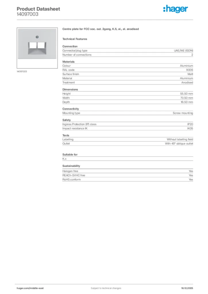 Image Hager Product data sheet 14097003  | Hager