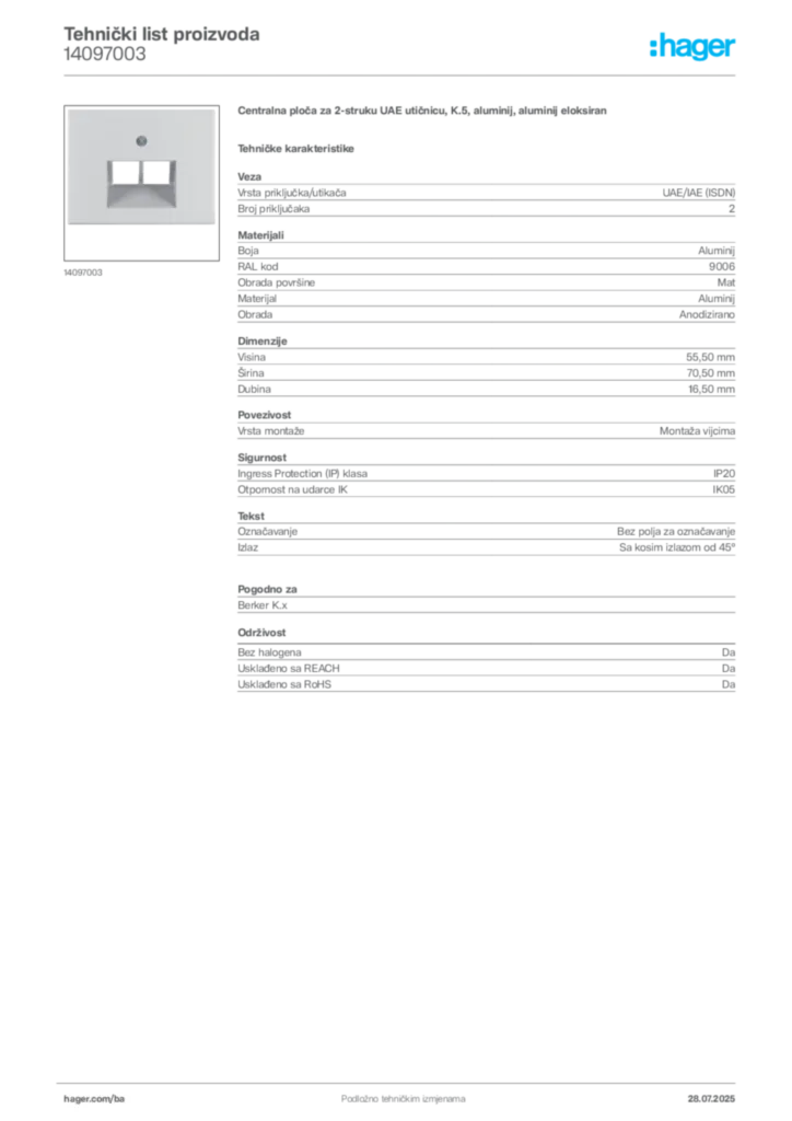Slika Hager Product data sheet 14097003  | Hager