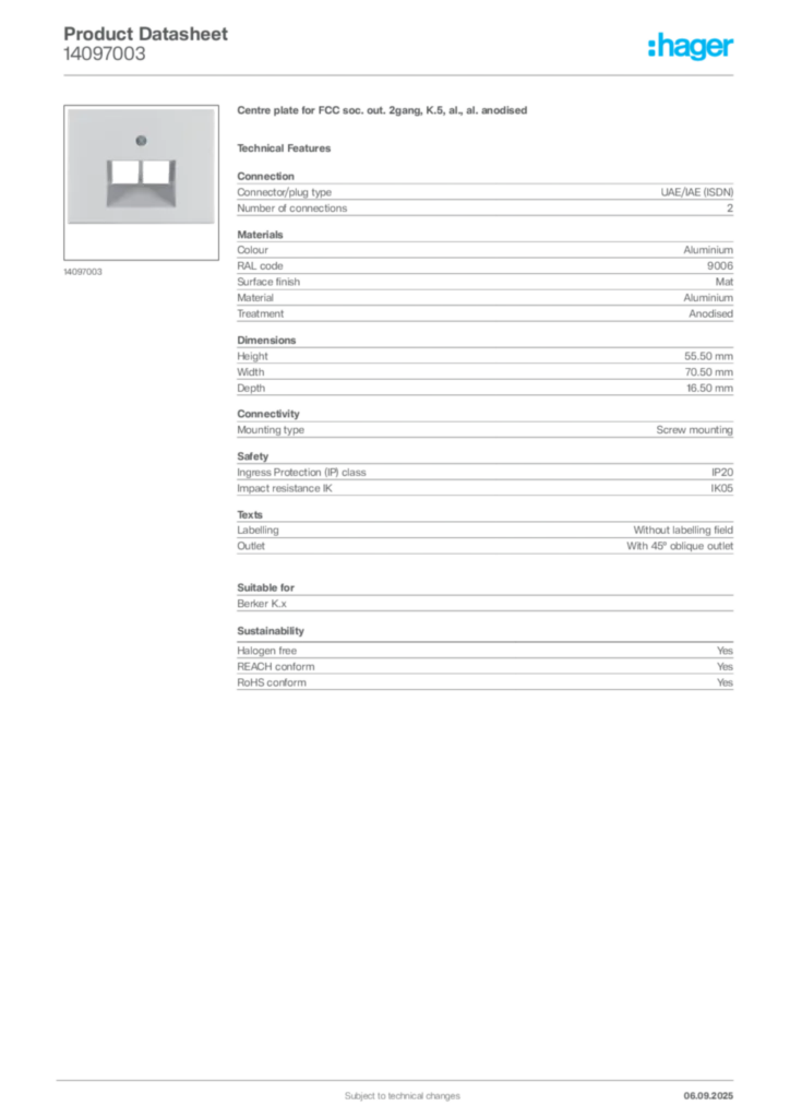 Image Hager Product data sheet 14097003  | Hager