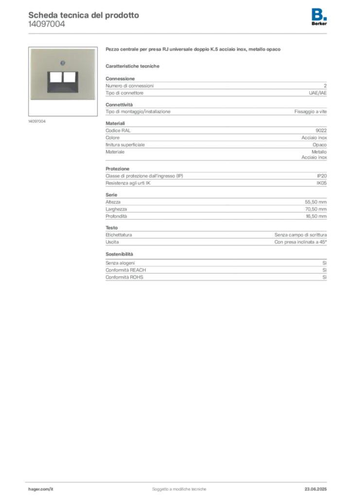 Immagine Berker Scheda tecnica del prodotto 14097004 | Hager Italia