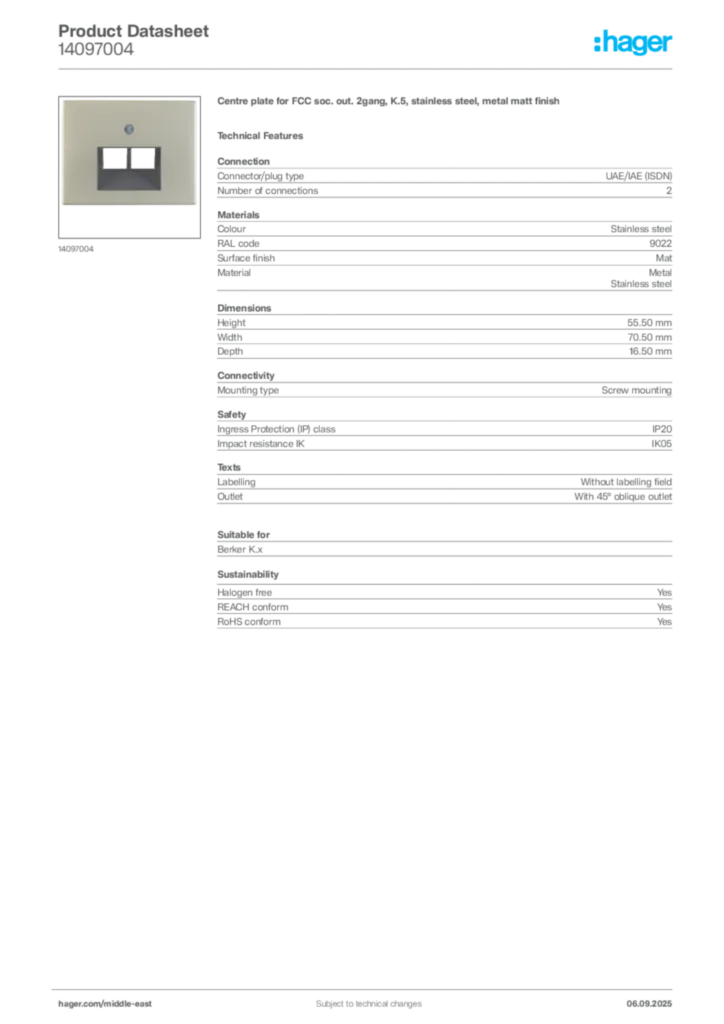 Image Hager Product data sheet 14097004  | Hager