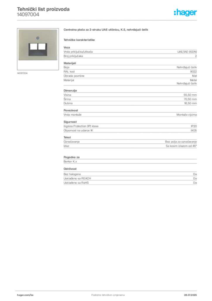 Slika Hager Product data sheet 14097004  | Hager