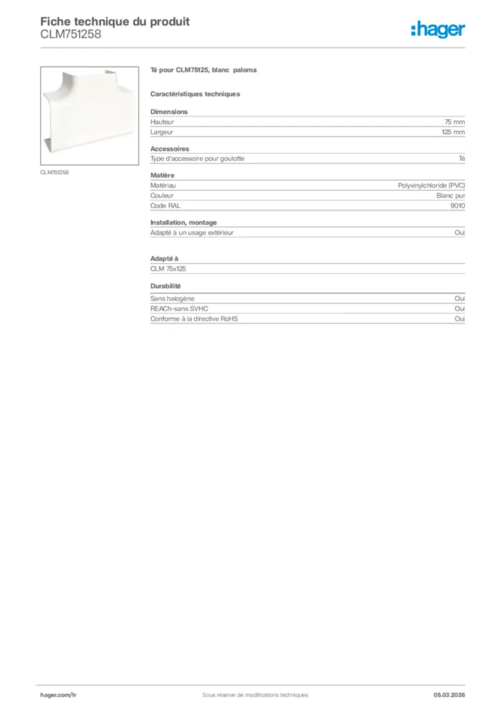 Image Hager Fiche technique du produit CLM751258 | Hager France