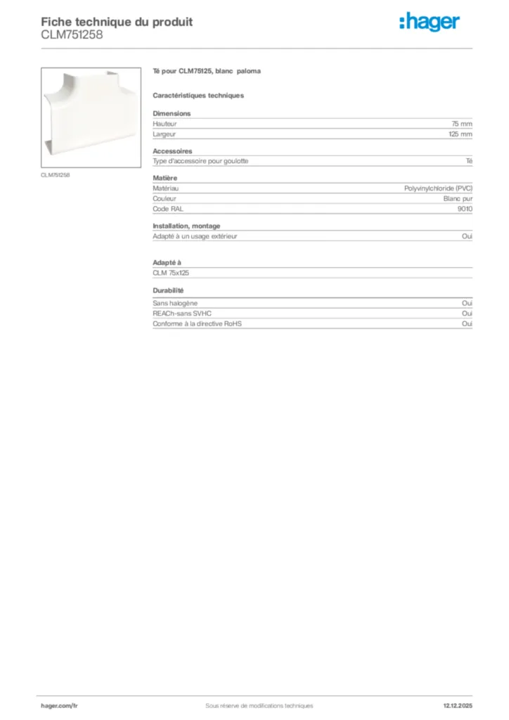 Image Hager Fiche technique du produit CLM751258 | Hager France
