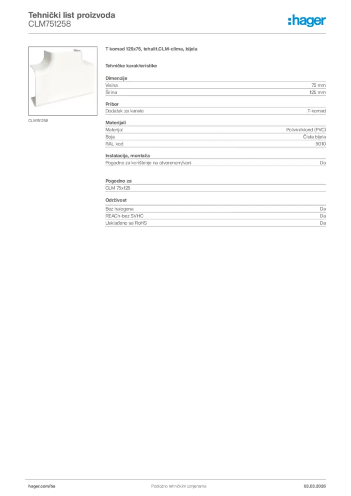 Slika Hager Tehnički list proizvoda CLM751258  | Hager