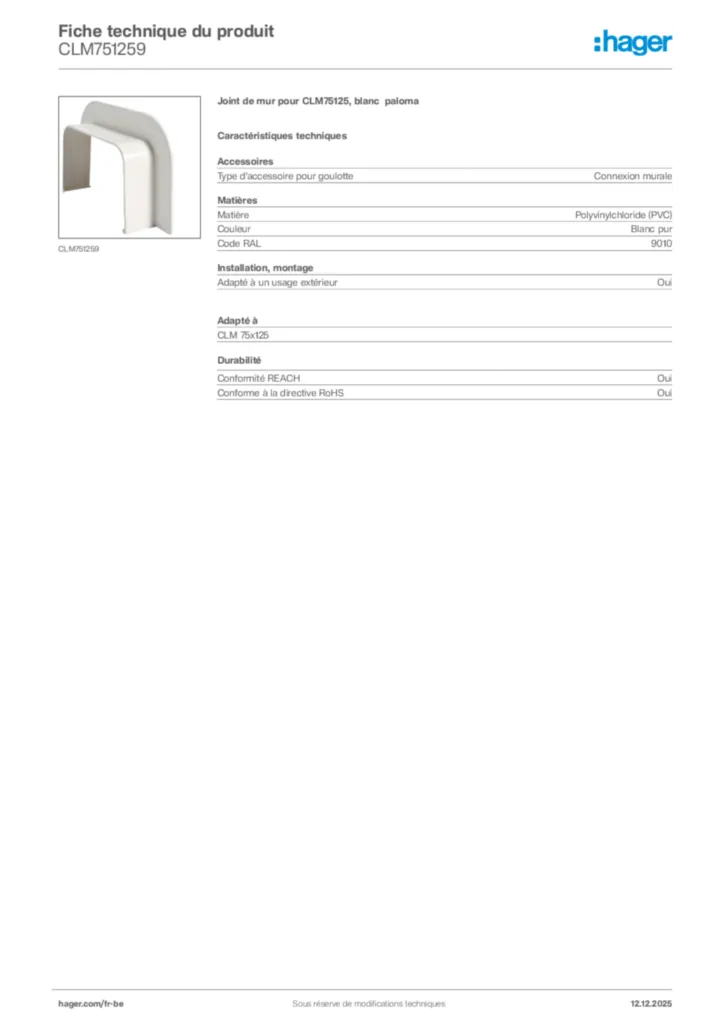 Image Hager Fiche technique du produit CLM751259 | Hager Belgique