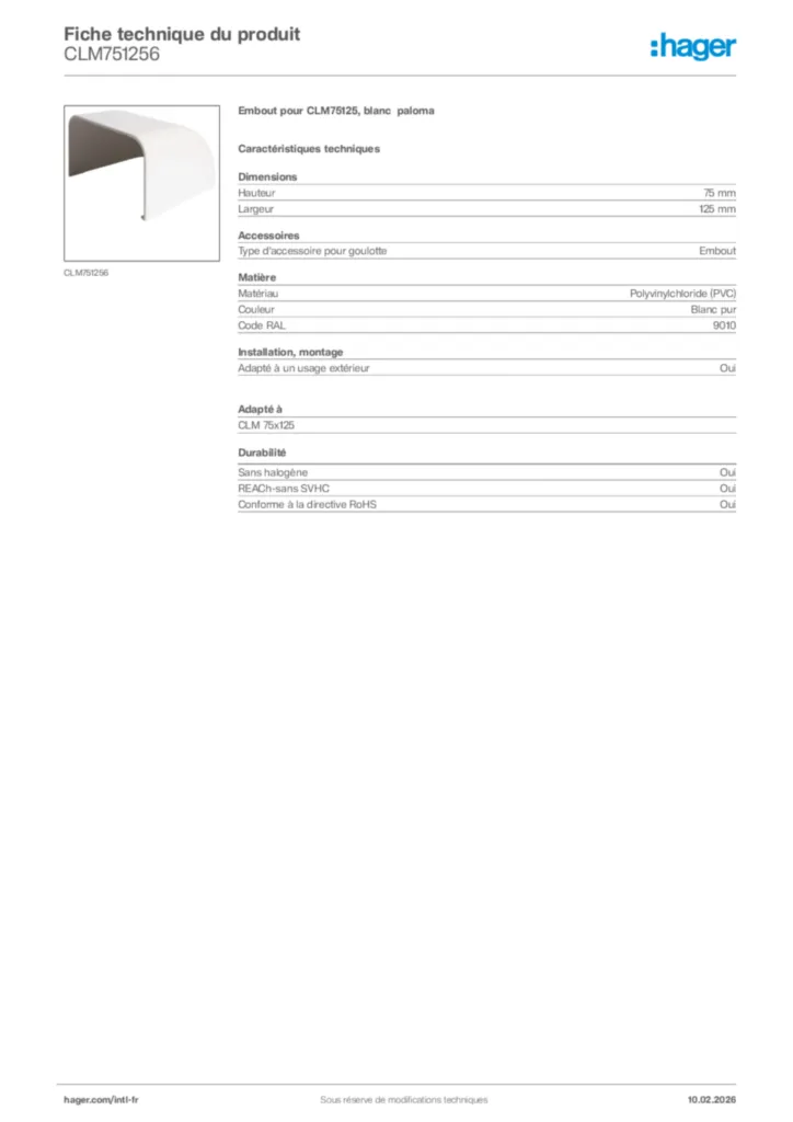 Image Hager Fiche technique du produit CLM751256 | Hager Afrique