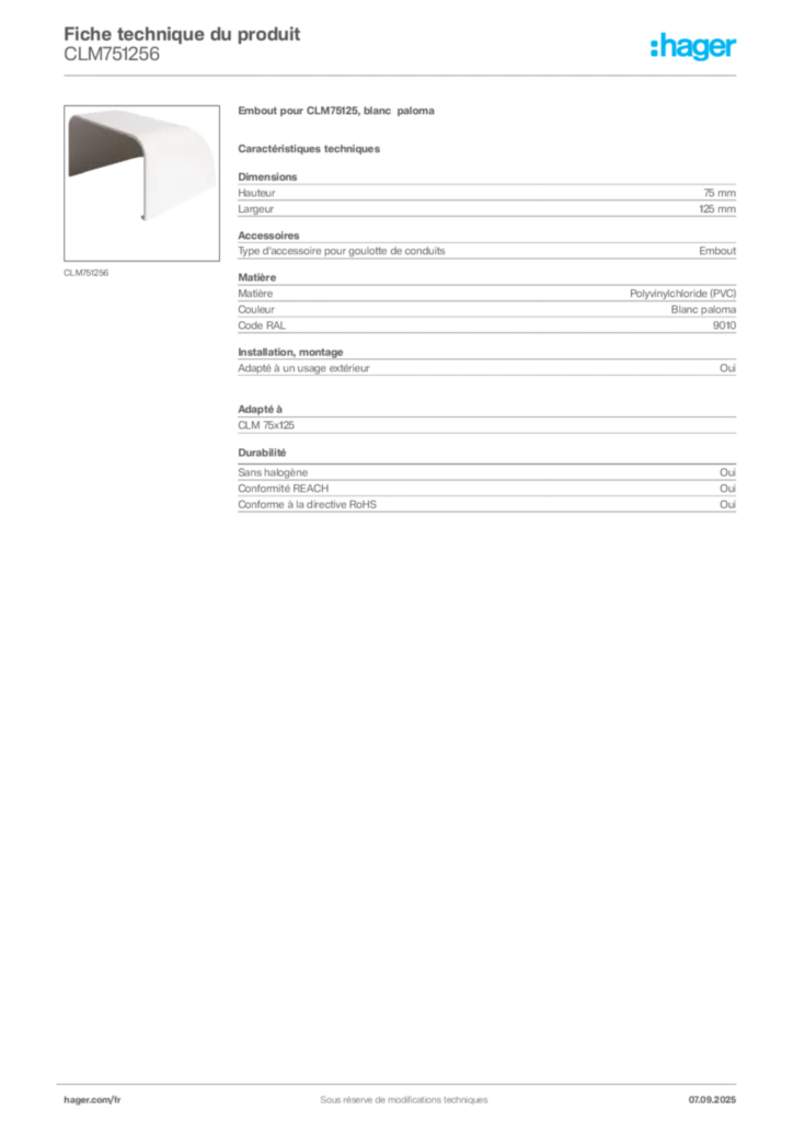 Image Hager Fiche technique du produit CLM751256 | Hager France