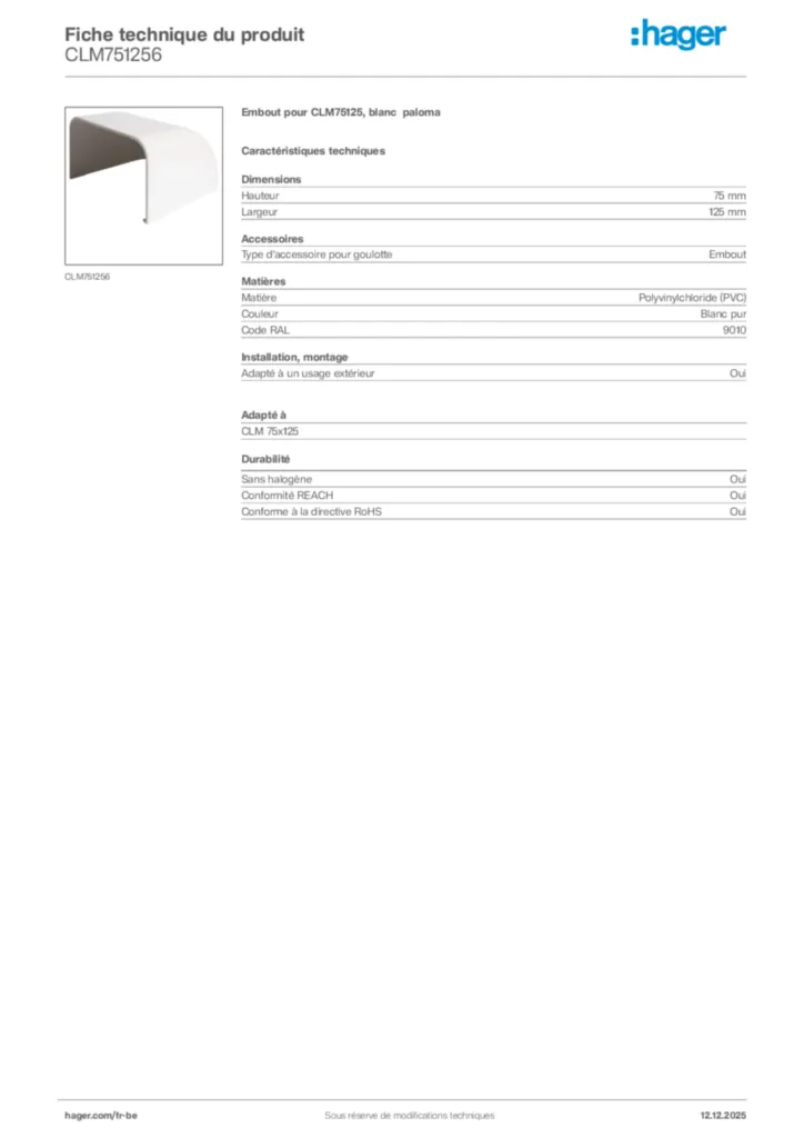 Image Hager Fiche technique du produit CLM751256 | Hager Belgique
