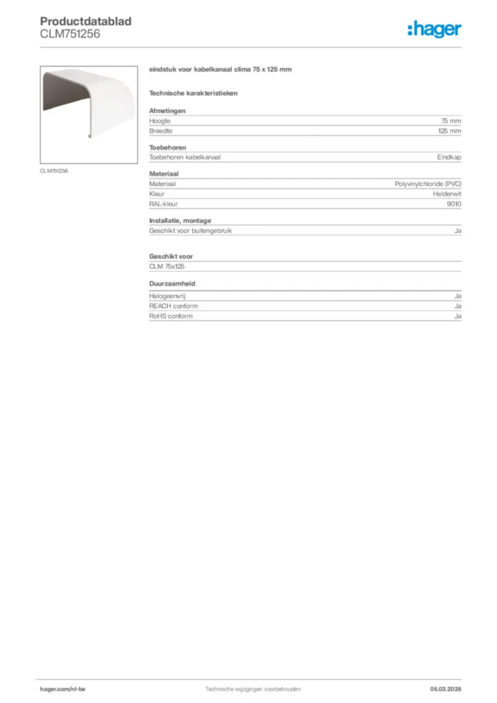 Afbeelding Hager Productdatablad CLM751256 | Hager Belgium