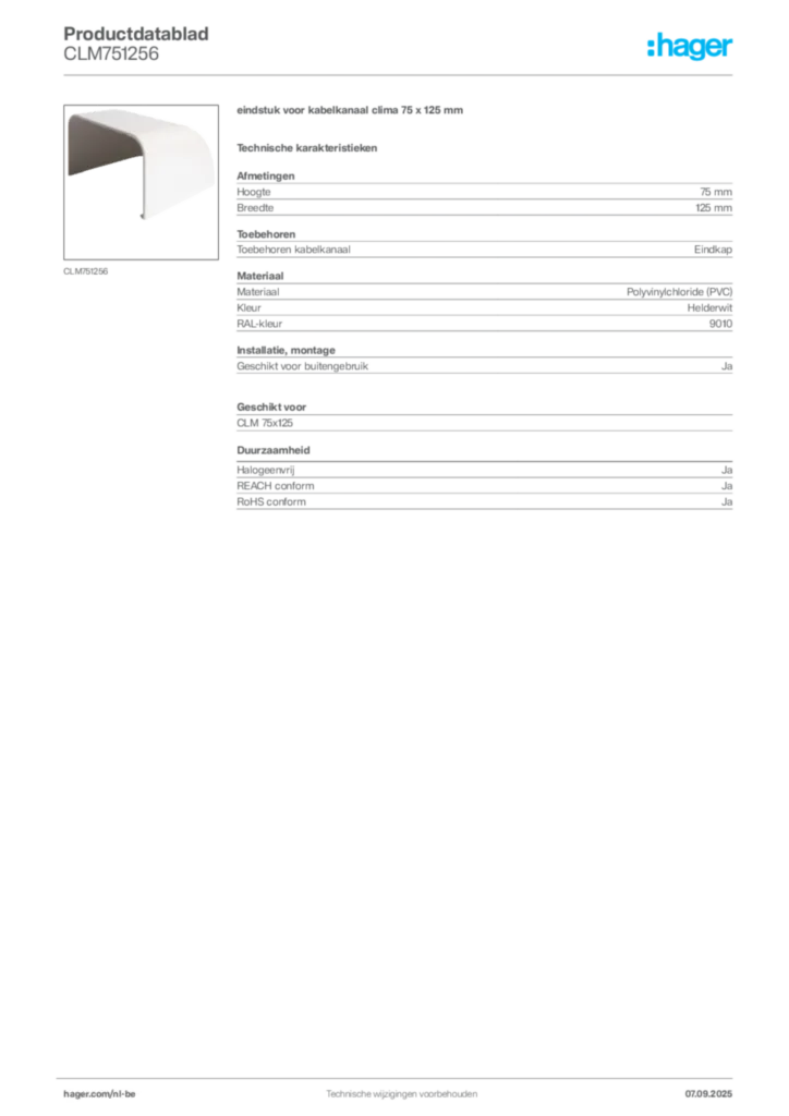 Afbeelding Hager Productdatablad CLM751256 | Hager Belgium