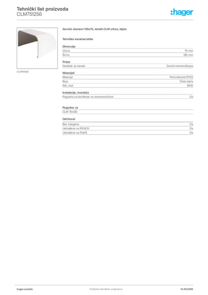 Slika Hager Product data sheet CLM751256  | Hager