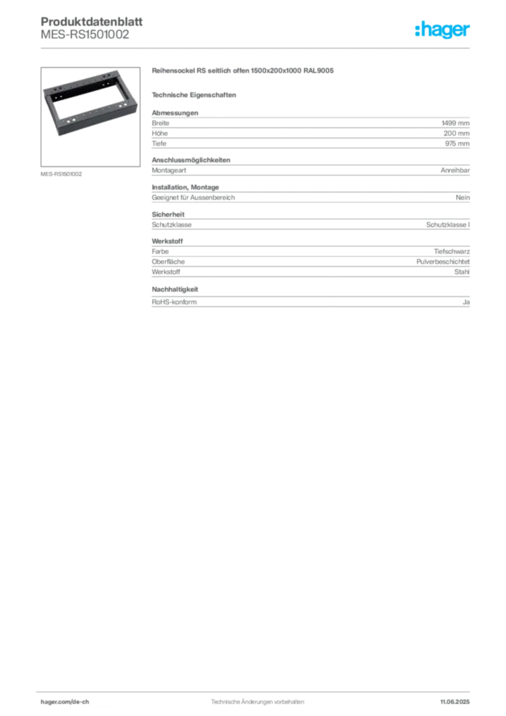 Bild Hager Produktdatenblatt MES-RS1501002 | Hager Schweiz