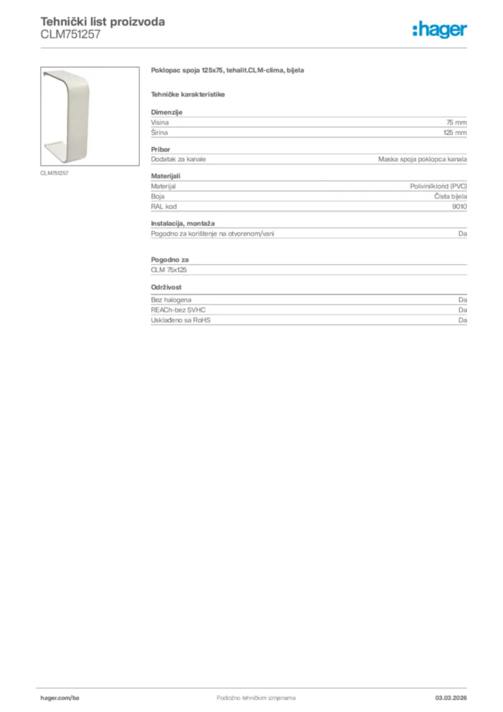 Slika Hager Tehnički list proizvoda CLM751257  | Hager