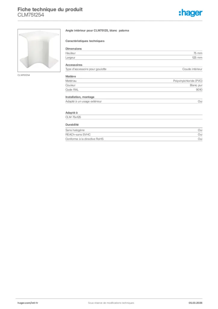 Image Hager Fiche technique du produit CLM751254 | Hager Afrique