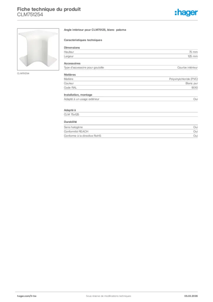 Image Hager Fiche technique du produit CLM751254 | Hager Belgique