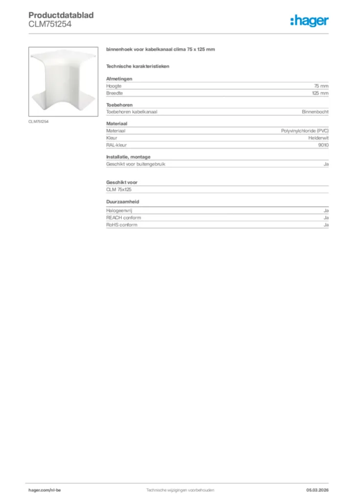Afbeelding Hager Productdatablad CLM751254 | Hager Belgium