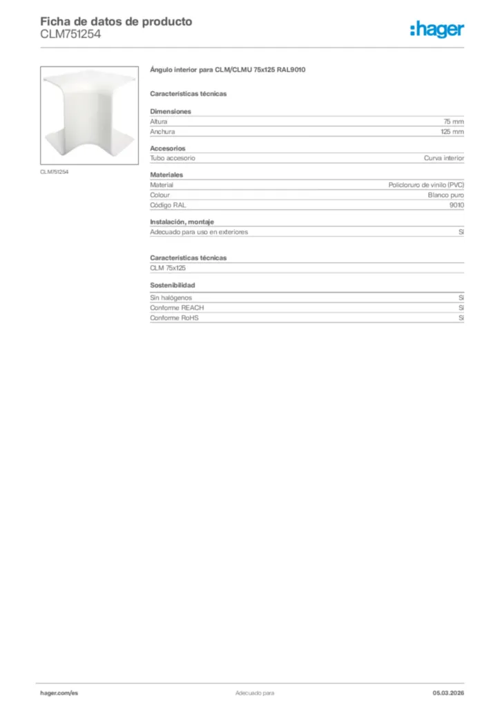 Imagen Hager Ficha de datos de producto CLM751254 | Hager España