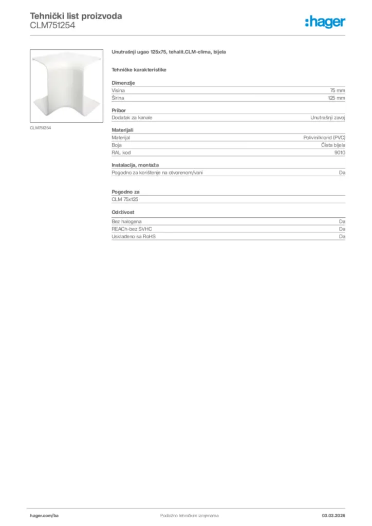 Slika Hager Tehnički list proizvoda CLM751254  | Hager