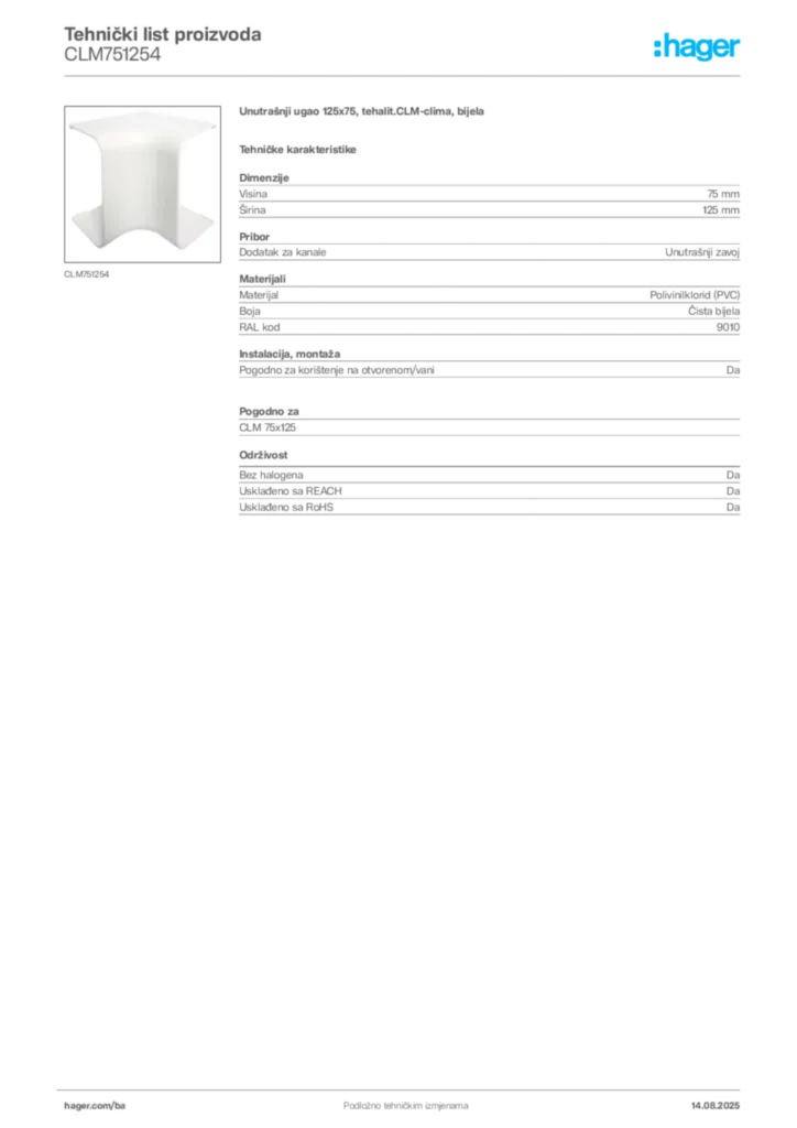 Slika Hager Product data sheet CLM751254  | Hager