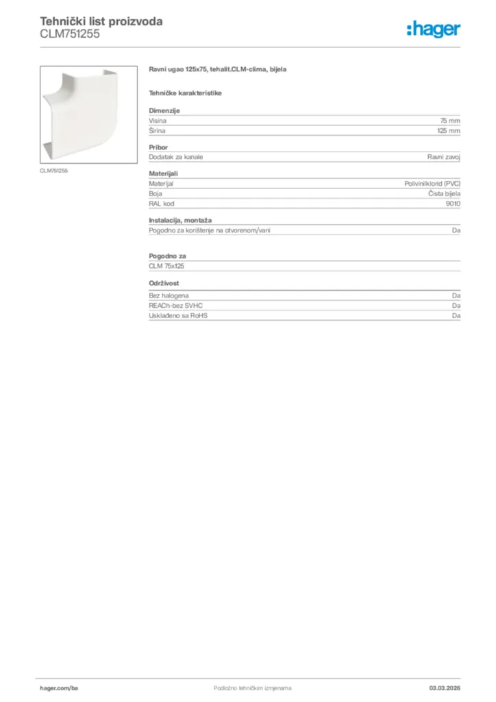Slika Hager Tehnički list proizvoda CLM751255  | Hager