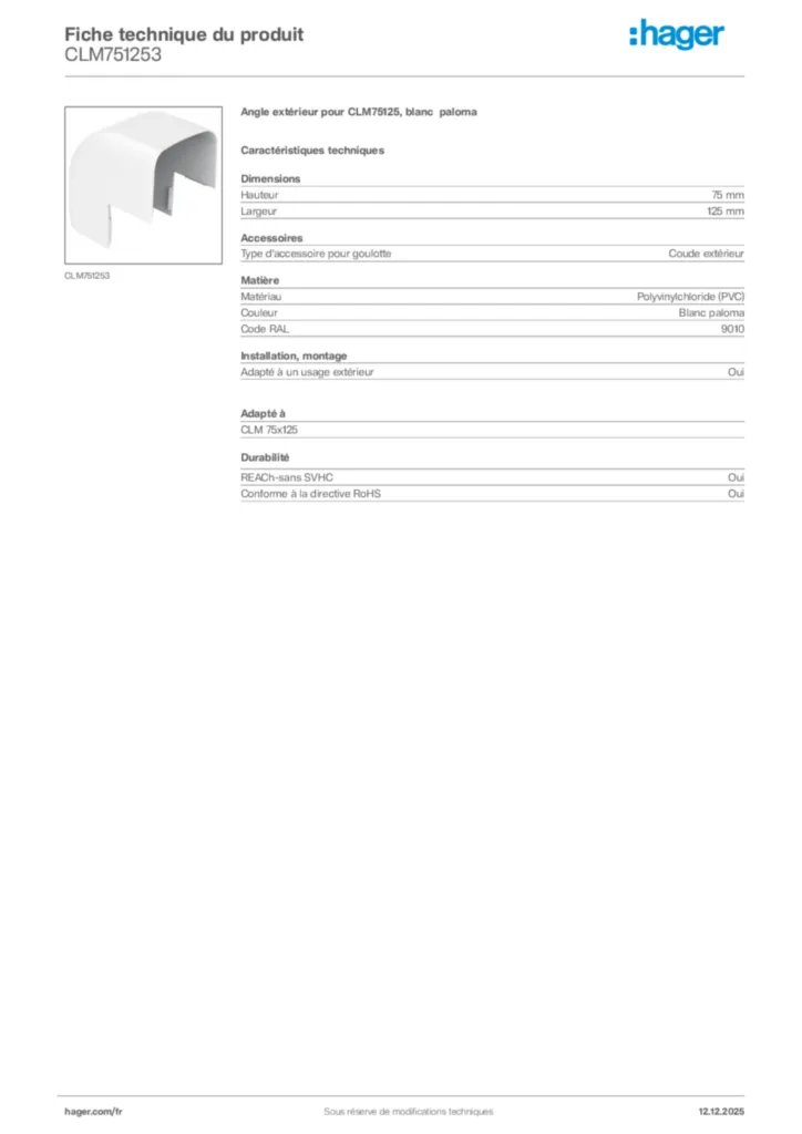 Image Hager Fiche technique du produit CLM751253 | Hager France