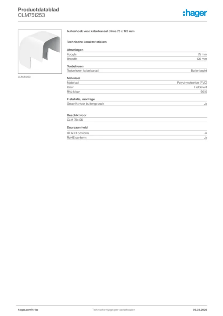 Afbeelding Hager Productdatablad CLM751253 | Hager Belgium