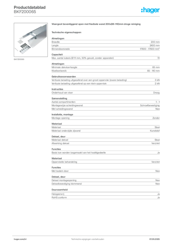Afbeelding Hager Productdatablad BKF200065 | Hager Nederland