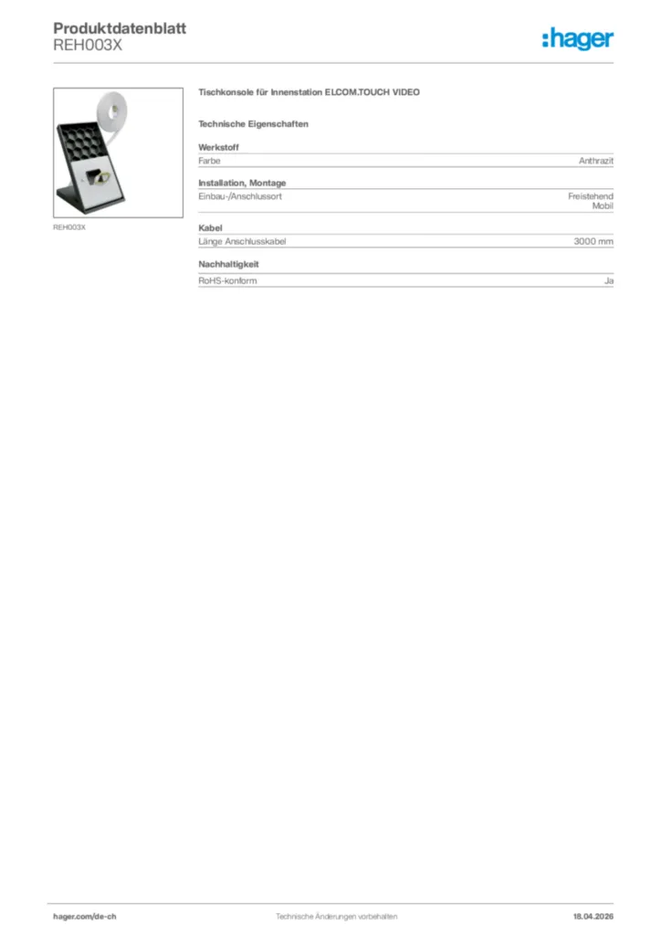 Bild Hager Produktdatenblatt REH003X | Hager Schweiz