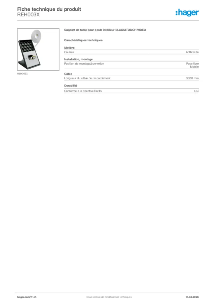 Image Hager Fiche technique du produit REH003X | Hager Suisse