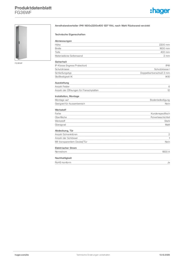 Bild Hager Produktdatenblatt FG36WF | Hager Deutschland