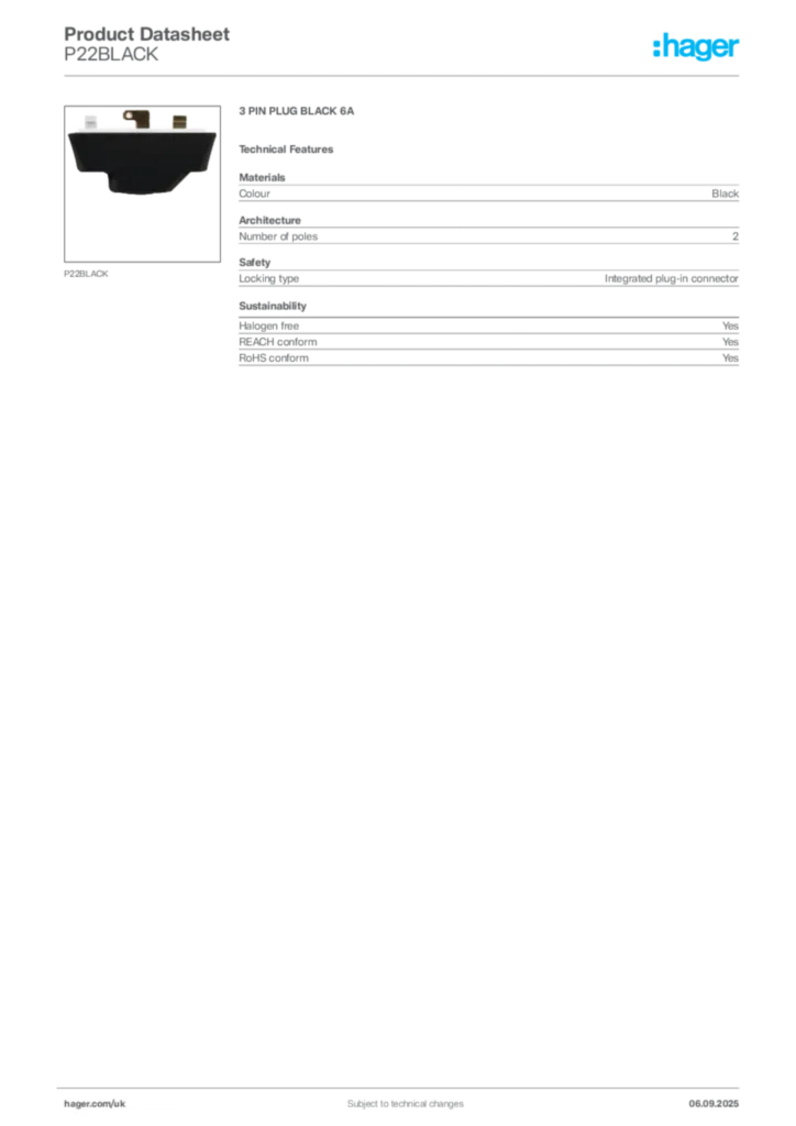 Image Hager Product data sheet P22BLACK  | Hager