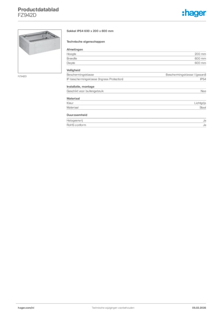 Afbeelding Hager Productdatablad FZ942D | Hager Nederland