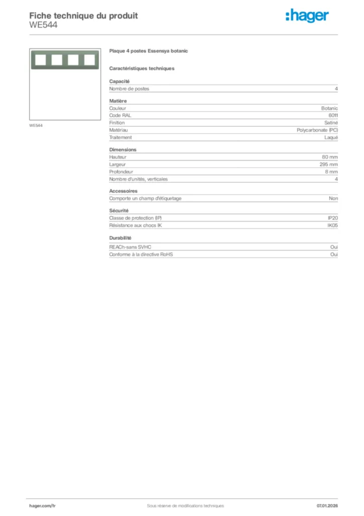 Image Hager Fiche technique du produit WE544 | Hager France