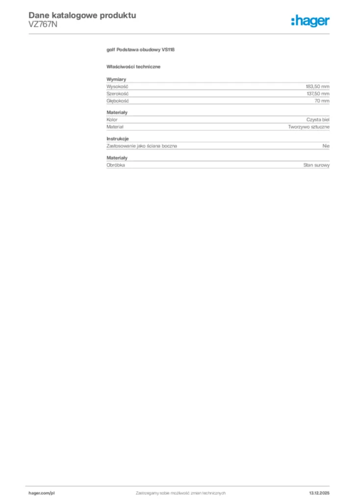 Zdjęcie Hager Karta katalogowa VZ767N | Hager Polska